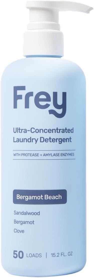 FREY Concentrated Liquid Laundry Detergent | Formulated for Sensitive Skin &amp HE Washers | Removes Stains Effectively | 50 Loads per Bottle (1-pack Bergamot Beach)