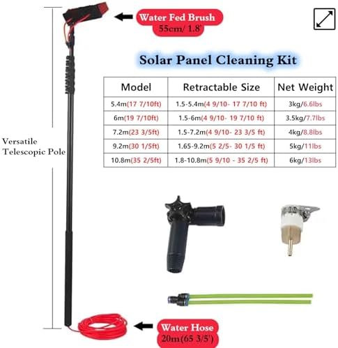 Glass Cleaning Brush Home Water Fed Telescopic Pole Kit Solar Panel Brush Rotating for Photovoltaic PanelHigh Reach Window Cleaning Brush with 19.7ft Telescoping Water Fed Pole 180° Rotatab