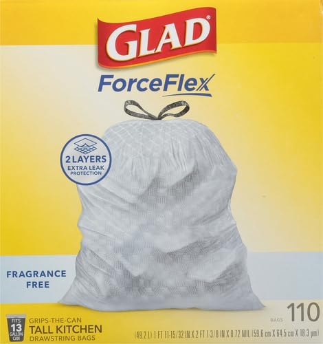Glad ForceFlex Tall Kitchen Drawstring Trash Bags13 GalFragrance Free110 Ct (Package May Vary)(Pack of 3)