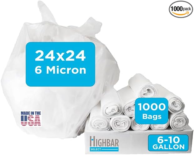 24 x 24 Clear Trash Bags 6-10 Gallon Trash Bag 1000 Count 6 Micron Value Pack For Lightweight Trash for Small Wastebaskets For Home and Office Use