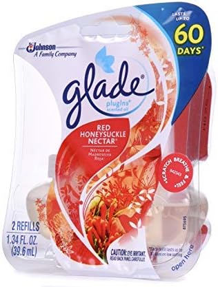 Glade PlugIns Scented Oil Refill Red Honeysuckle Nectar Essential Oil Infused Wall Plug In Up to 50 Days of Continuous Fragrance 1.34 oz( One pack of 2-count )