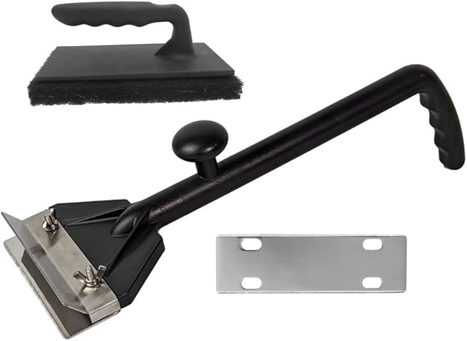 Chef Master Griddle Scraper Cleaning Kit Combo - Flat Top Grill Cleaner w/Replacement Blade &amp Scrubber - Griddle Cleaning Kit - Long Handle Stainless Steel Flat Grill Scraper - 90254