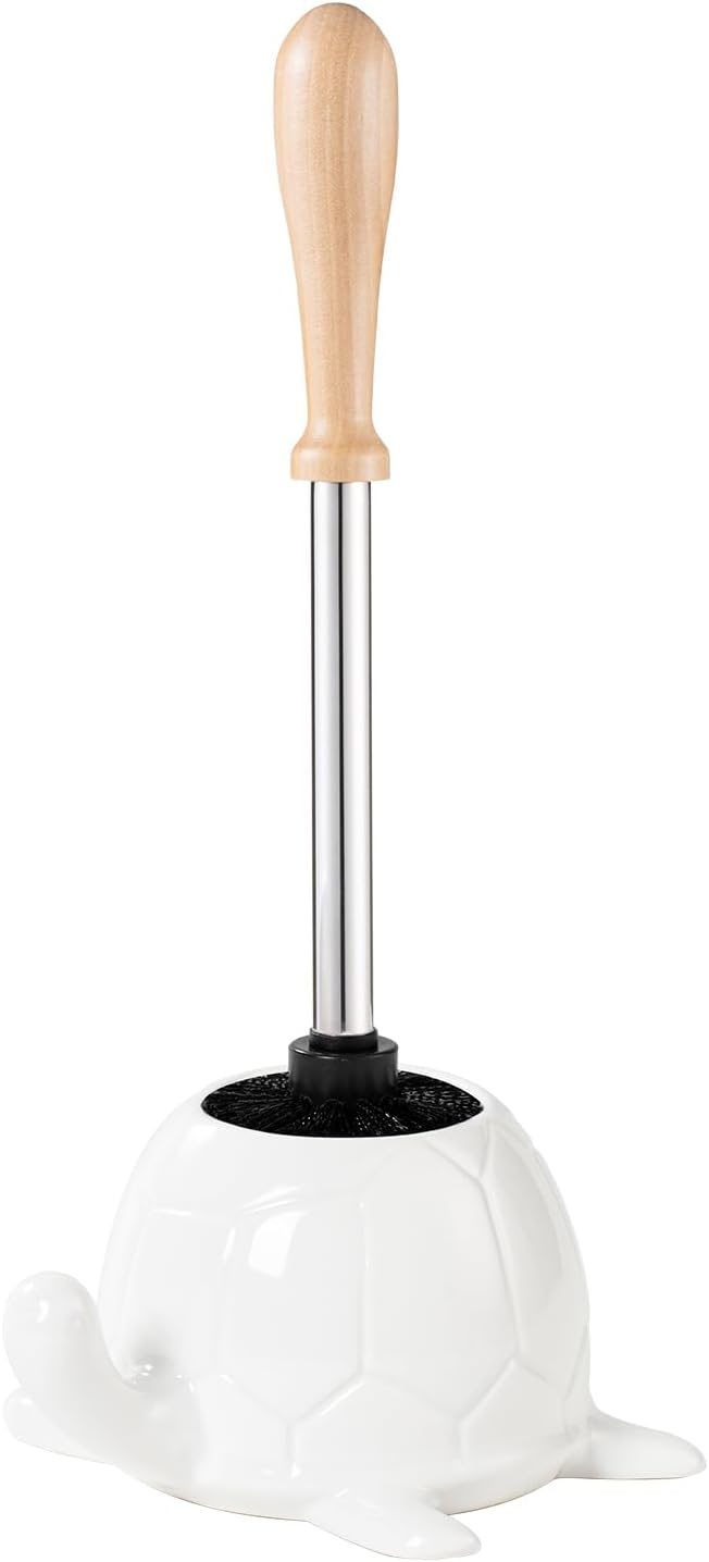 White Ceramic Turtle Base Toilet Brush and Holder Set - 7.5 Cute Toilet Bowl Cleaner Brush Ergonomic Handle Toilet Bowl Brush and Holder for Home &amp Commercial Use Bathroom Brush