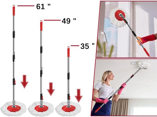 Stainless Steel Extendable Mop Handle with 2 Microfiber Replacement Heads &amp 360° Rotating Base Plate — Fits Standard Mop Buckets - Black