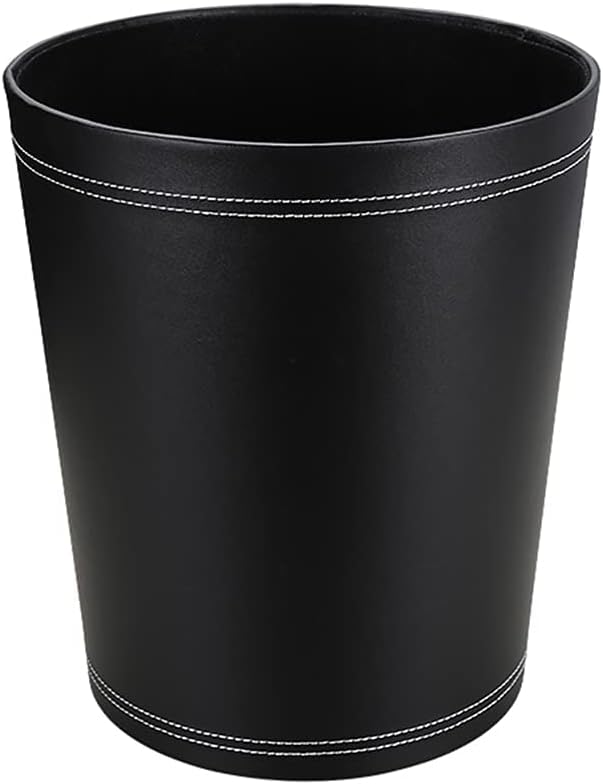 KINGFOM Classic Pu Leather Trash Can Wastebasket Small Garbage Container Can for Bathrooms Powder Rooms Kitchens Home Office and and High Class Hotel Round Black