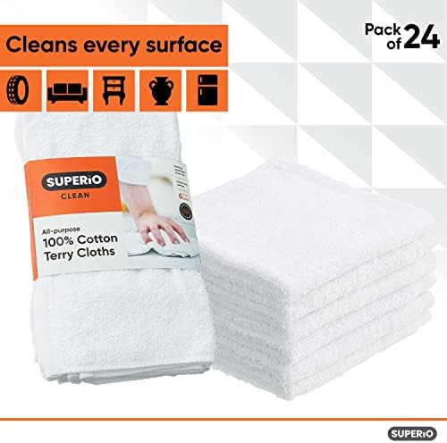 Superio Terry Cloth Rags White Washcloths 100% Cotton 12 Cleaning Cloths Kitchen Towels Facial Washcloth Spa Cloths Hand Towel Small Lint Free Rags for Multi-Purposes (24 Pack)