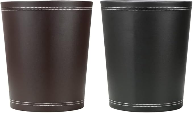 KINGFOM Classic Pu Leather Trash Can Wastebasket Small Garbage Container Can for Bathrooms Powder Rooms Kitchens Home Office and and High Class Hotel Round Black