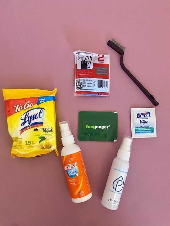 Travel Cleaning Supplies Kit - Travel Size Cleaning Supplies For Hotels Bathrooms with Gloves Surface Wipe Fabric Cleaner Air Cleaner Hand Wipes Bed Bug Wipes