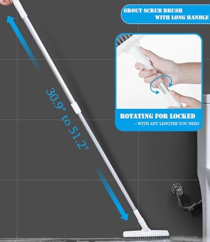 V Shape Grout Brush with Long Handle - 51 Stiff Bristle Floor Scrubber for Bathroom Shower Tile Patio Garage Kitchen Wall &amp Deck Cleaning (Off White)