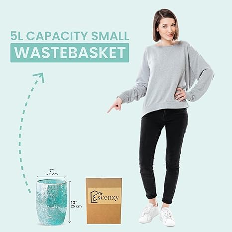 Escenzy Modern Bathroom Trash Can Mosaic Glass 5L | 7 x 10 | Decorative Small Garbage Can | Luxury Waste Basket for Restroom Office Bedroom &amp Kitchen | Shiny Turquoise Green Bathroom Accessori