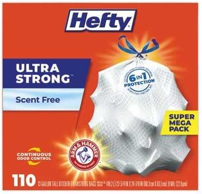 Hefty ultra strong tall kitchen and trash bags 13 gal 0.9 mil 23.75 x 24.88 white 110 bags/box 3 boxes/carton