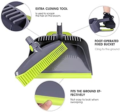 Adjustable Rubber Push Broom and Dustpan SetSelf Cleaning Indoor Outdoor Angle Brooms with Dust pan for HomeLong Handle for Floor Sweeping KidsCarpet Dog Cat Pets Offices Use