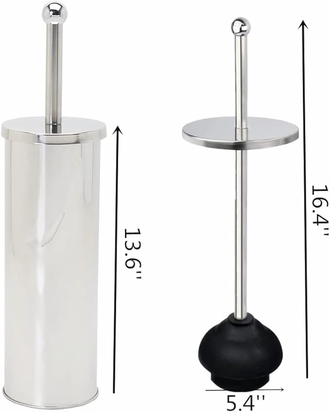 Chrome Toilet Plunger with Holder Bathroom Metal Canister Holder Drip Cup Heavy Duty Deep Cleaning Silver