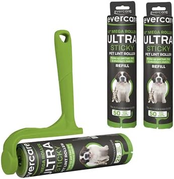 Evercare Ultra Sticky Pet Mega Lint Roller Value Pack Manual Clothes &amp Furniture Cleaner with Handle and 2 Refills 50 Sheets Each