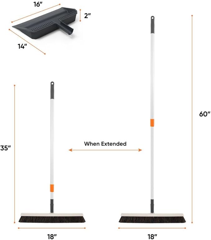 Superio 18 Horse Hair Upright Broom with Telescopic Handle &amp 16 Gray Dustpan with Comb Rubber Lip &amp Clip – Narrow Thin Dust Broom for Dog Hair – Hardwood &amp Tile Floor Cleaning Set – Gra