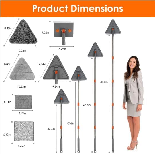 2 in 1 Baseboard Cleaner Mop with Squeegee Extendable Long Handle 8 Reusable Fiber Flannel Chenille Mop Pads 360° Rotatable Convex Design for Wall Ceiling Window