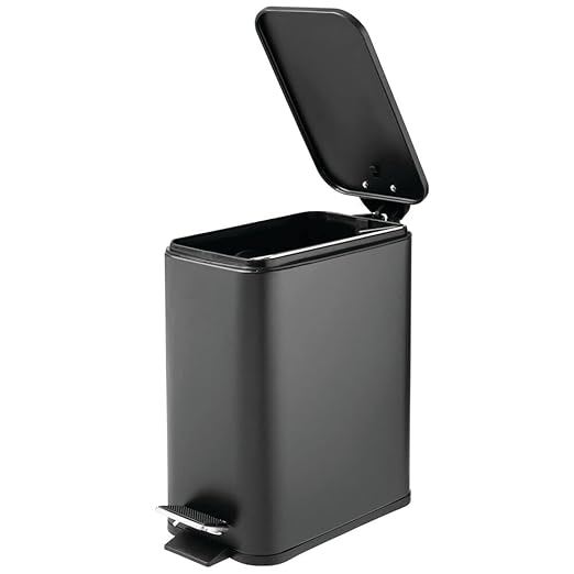 mDesign Slim Metal Rectangle 1.3 Gallon/5 Liter Trash Can with Step Pedal Easy-Close Lid Removable Liner - Narrow Wastebasket Garbage Container Bin for Bathroom Bedroom Kitchen - Black