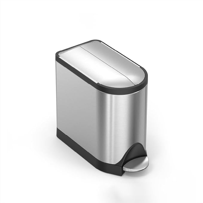 simplehuman 10 Liter / 2.6 Gallon Butterfly Lid Bathroom Step Trash Can Brushed Stainless Steel with Black Trim