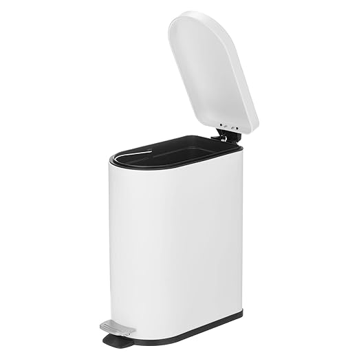 mDesign 10 Liter/2.6 Gallon Stainless Steel Metal Step Trash Can Garbage Bin for Bathroom Bedroom Home Office - D-Shape Trashcan with Foot Pedal/Lid Removable Liner Bucket with Handles White