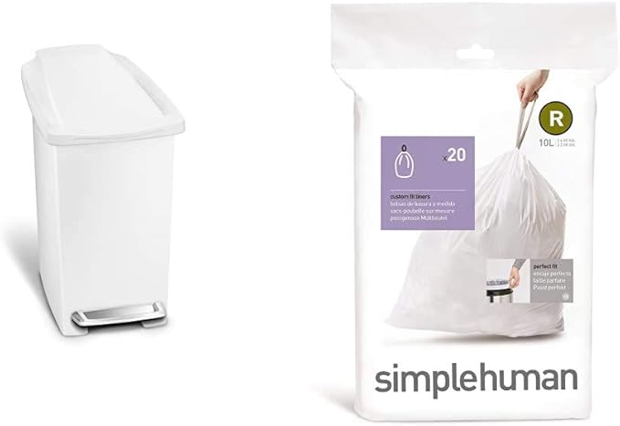 simplehuman Trash can 10 Liter White &amp Code R Custom Fit Drawstring Trash Bags 10 Liter / 2.6 Gallon White 20 Count