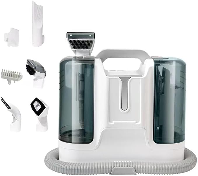 Portable Carpet &amp Upholstery Cleaner 12Kpa Powerful Suction Cleaning Machine For Couch Carpets &amp Car 450W Motor With 1800ml Tank 6 Multi-Surface Brush Heads (White)