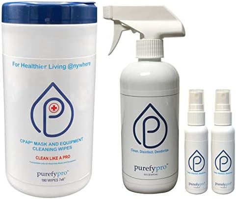 Purefypro Disinfectant CPAP and Wipe Package. No Rinse. No Residue. Kills 99.9999% Norovirus Flu Virus and Fungi Drug Resistant Germs. Unscented.