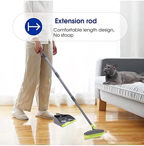 Adjustable Rubber Push Broom and Dustpan SetSelf Cleaning Indoor Outdoor Angle Brooms with Dust pan for HomeLong Handle for Floor Sweeping KidsCarpet Dog Cat Pets Offices Use