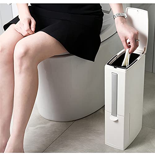 Slim Bathroom Trash Cans with Lid 4.4 Inches Wide/0.7 Gallons(3 Liters)Small Narrow Lidded Bathroom Trash Can with Toilet Brush for RV CamperTiny Garbage Can Rv Accessories for Inside(White)