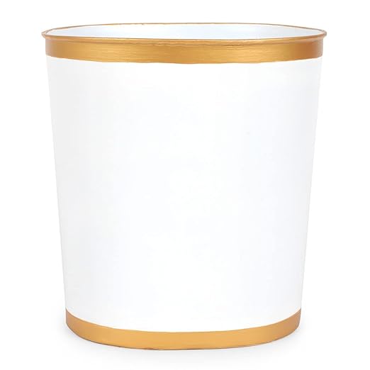 Jaye's Studio Mattie Decorative White and Gold Bathroom Trash Can Metal Waste Basket Modern Luxury Trash Bin for Bedroom Dorm Room Office Garbage Can Oval Decorative Trash Bins (12 x 10 x 8)