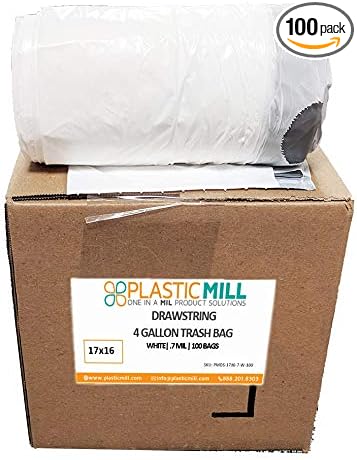 PlasticMill Drawstring Trash Bags - White Garbage Bags - Plastic Trash Bags - Kitchen Bathroom Office Garbage Bags Trash Can Liners - 4-Gallon Small Trash Bags 0.7 Mil 17x16 (100-Count)