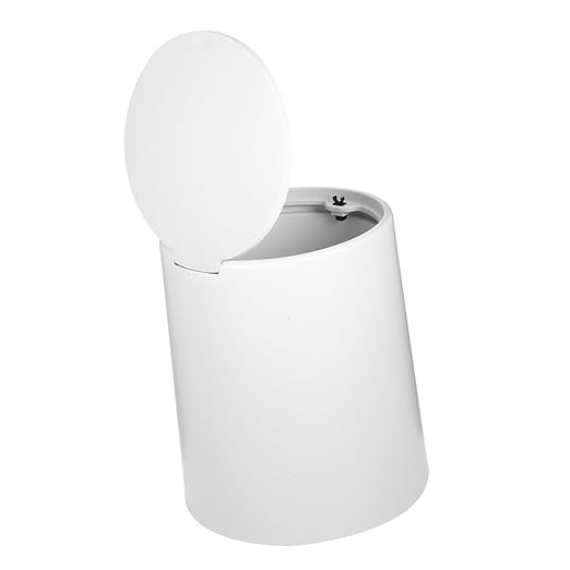 Modern Press Trash Can Medium Garbage Container with Press Lid Stylish Waste Basket for Home Use for Bedrooms Kitchens and Compact Spaces Gray White