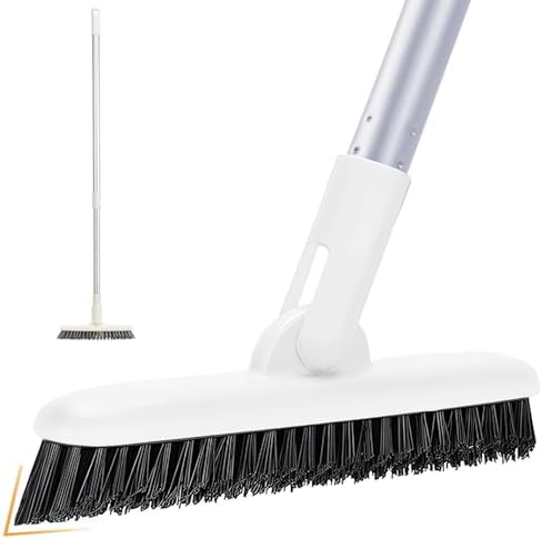 V Shape Grout Brush with Long Handle - 51 Stiff Bristle Floor Scrubber for Bathroom Shower Tile Patio Garage Kitchen Wall &amp Deck Cleaning (Off White)