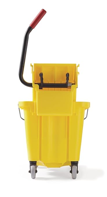 Rubbermaid Commercial Products WaveBrake 26 Qt. Side-Press Mop Bucket and Wringer Combo on Wheels Yellow for Professional/Industrial/Business Heavy-Duty Floor Cleaning/Mopping