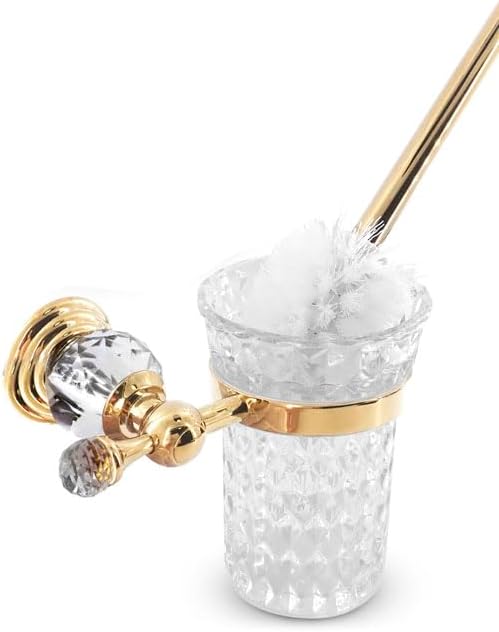 Gold Stainless Steel Toilet Brush with Crystal Toilet Brush Holder Set – Wall Mounted Holder Replaceable Head Decorative Space-Saving Design Bathroom Toilet Accessory Elegant Toilet Bowl Cleaner Set