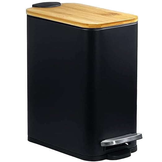 SIDIANBAN Bathroom Trash Can with Bamboo Lid Soft Close and Foot Pedal Small Rectangular Slim Garbage Can with Inner Wastebasket for Bedroom Office Kitchen 1.3Gal/5L Black