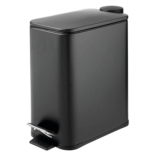 mDesign Slim Metal Rectangle 1.3 Gallon/5 Liter Trash Can with Step Pedal Easy-Close Lid Removable Liner - Narrow Wastebasket Garbage Container Bin for Bathroom Bedroom Kitchen - Black