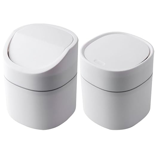 Cabilock 2pcs Mini Desktop Trash Can Lid Sturdy Plastic Countertop Wastebasket for Kitchen Bedroom Bathroom Elegant Small Garbage Bin for Home Organization