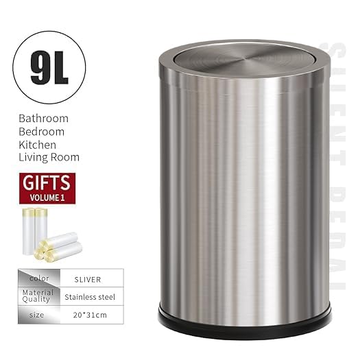 Brushed Nickel Bathroom Trash CanStainless Steel Garbage Can with Fild LidSmall Trash Can for BedroomHotelOfficeLaundry(Sliver)