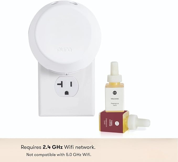 Capri Blue x Pura 4 - Smart Fragrance Diffuser Plug in Kit - Includes 1 Pura Diffuser + 2 Fragrance Refill Vials - Long Lasting Scents - LED Light - 2.4 GHz WiFi Required (Tinsel &amp Spice + Volcano