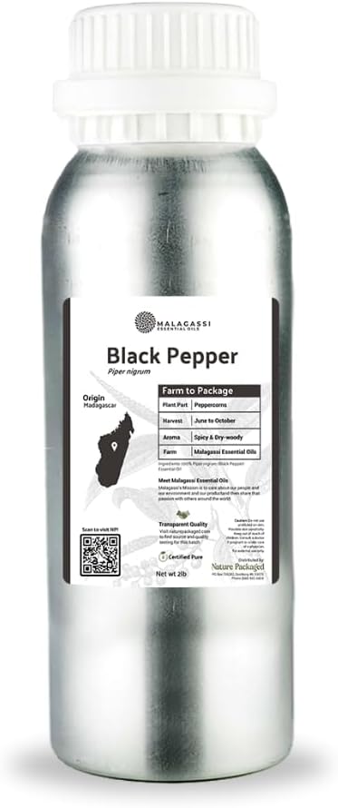 Black Pepper Essential Oil - Direct from Madagascar Farms - Steam Distilled - Aceite Pimienta Negra for Aromatherapy Massage Diffuser DIY Candle and Soap Making - 2lbs