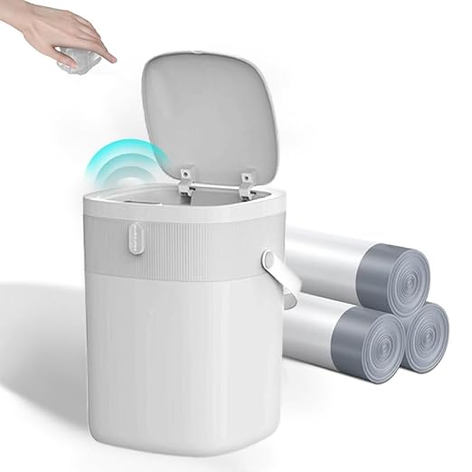 Automatic Motion Sensor Bathroom with Covered Trash Can One Smart Plastic Trash Cans Suitable for Bathrooms Offices Bedrooms Living Rooms (White)