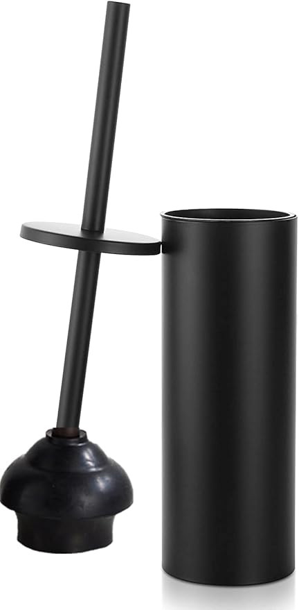 Black Toilet Plunger with Holder Bathroom Metal Canister Holder Drip Cup Heavy Duty Deep Cleaning