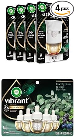 Air Wick Advanced Plug In Scented Oil Warmer (Pack of 4 Gadget Only) + 5ct Vibrant Refills Eucalyptus &amp Wild Berries