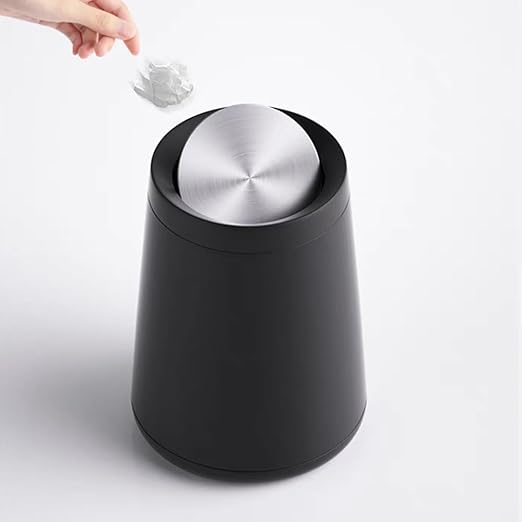 10L / 2.6Gal Metal Black Trash Can with Swing Lid Modern Brass Garbage Can with Removable Inner Decorative Unique Waste Basket for Bathroom Bedroom Office Hotel (Black)