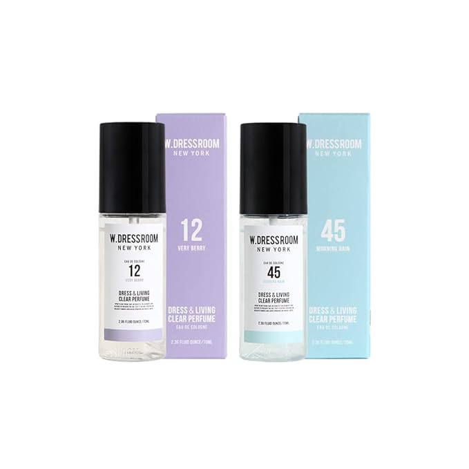 W.Dressroom Dress &amp Living Clear Perfume Spray Set of 2 – No.12 Very Berry + No.45 Morning Rain | Multi-Purpose Room &amp Fabric Spray Odor Eliminating Long-Lasting Clean Home Fragrance Travel