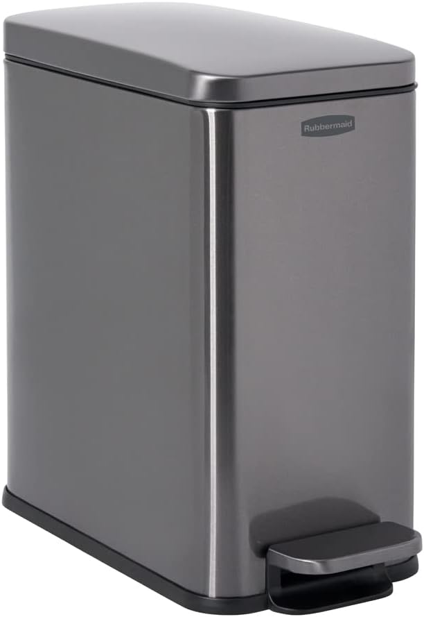 Rubbermaid Stainless Steel Slim Step-On Trash Can 2.6-Gallon Charcoal Wastebasket with Lid for Home/Bathroom/Kitchen