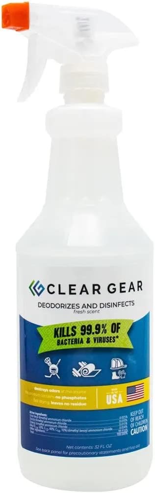 Clear Gear Disinfectant Cleaner and Deodorizer For Sports Equipment Gyms and Fitness Centers - EPA-Registered Hospital Grade Made in USA - 1-Pack of 32 Oz Bottle Disinfecting Spray