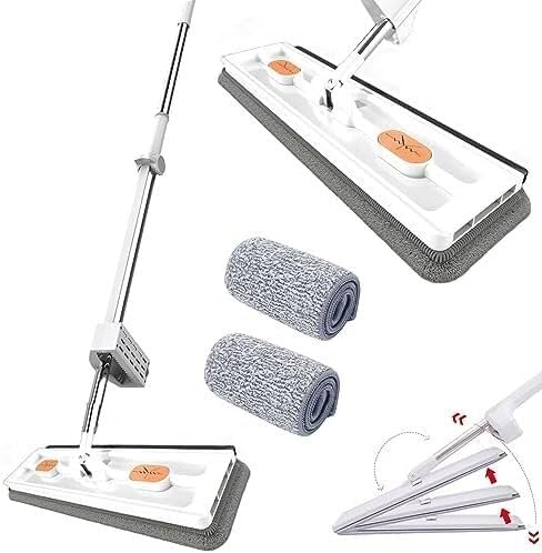 Large Flat Mop Large Surface Microfiber Flat Mop Wall Cleaning with Long Handle Magic 360° with Dewatering Scraper 12027(White Mop+2pcs Rag)