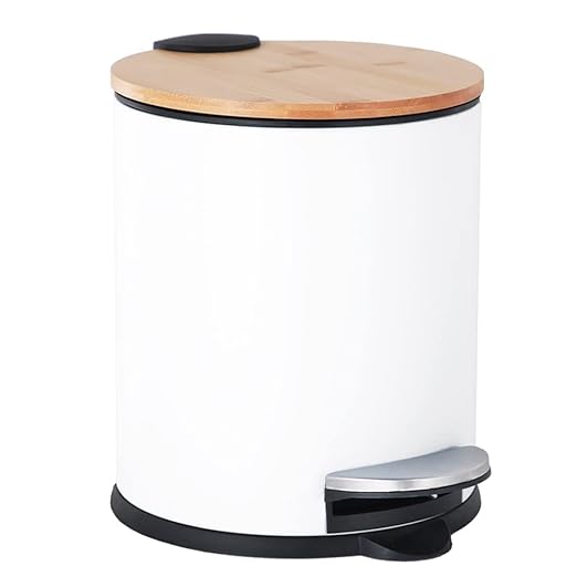 SIDIANBAN Small Bathroom Trash Can with Bamboo Lid Soft Close and Foot Pedal 1.3Gal/5L Round Garbage Can with Removable Inner Wastebasket for Bedroom Powder Room Craft Room Office Kitchen White