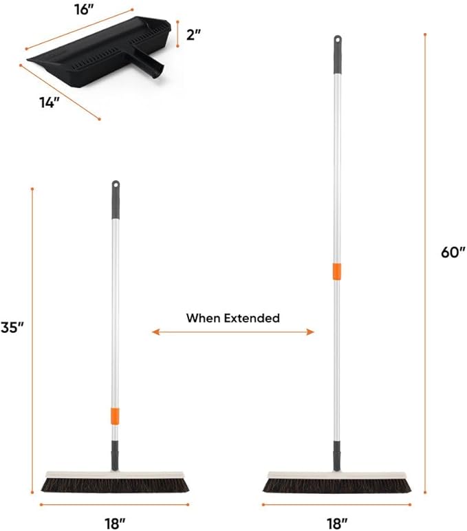 Superio 18 Horse Hair Upright Broom with Telescopic Handle &amp 16 Black Dustpan with Comb Rubber Lip &amp Clip – Narrow Thin Dust Broom for Dog Hair – Hardwood &amp Tile Floor Cleaning Set – Gr
